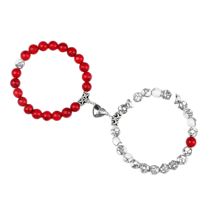 Bracelet couple Cœur Aimant Perles Blanches et Rouges | Magali & Ethan