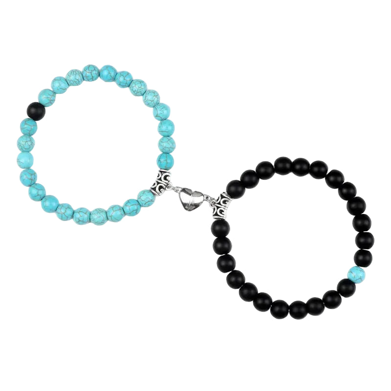 Bracelet couple Cœur Aimant Perles Cyan et Noires | Adélaïde & Eden