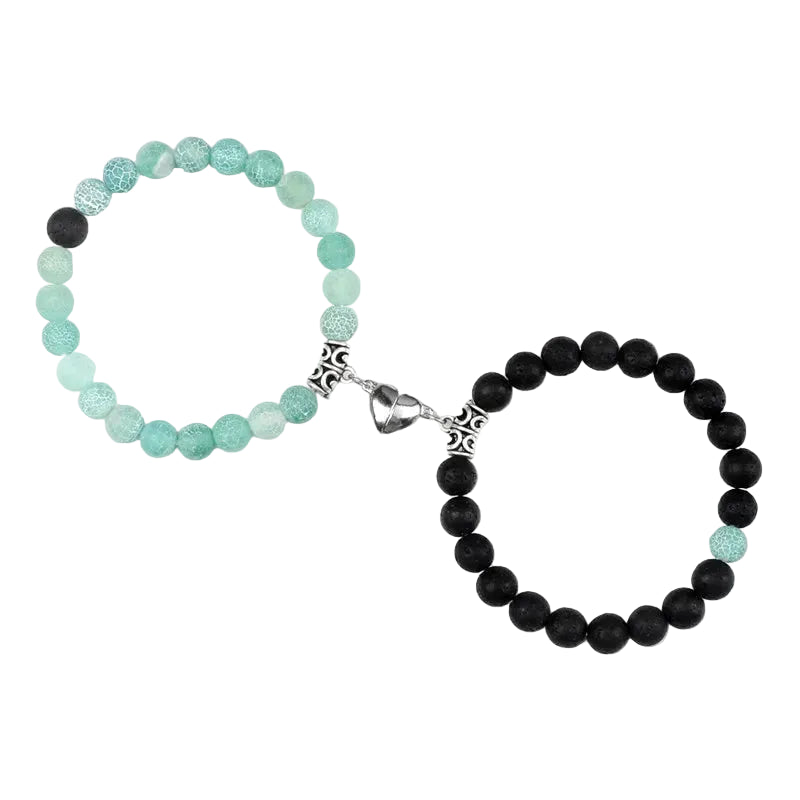 Bracelet couple Cœur Aimant Perles Cyan et Noires | Elise & Théo