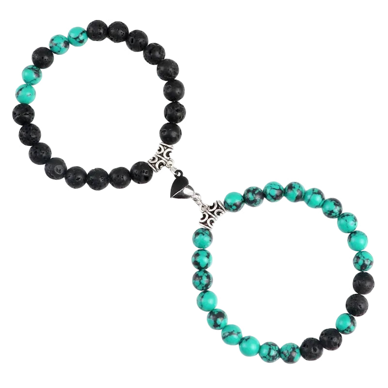 Bracelet couple Cœur Aimant Perles Cyan et Noires | Prune & Tom