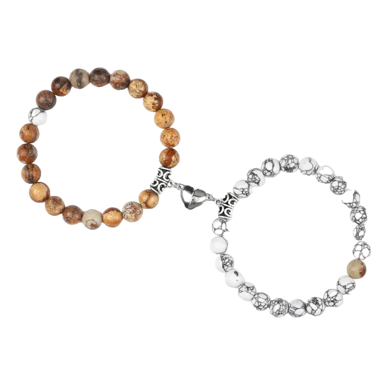 Bracelet couple Cœur Aimant Perles Marron et Blanches | Paula & Maël