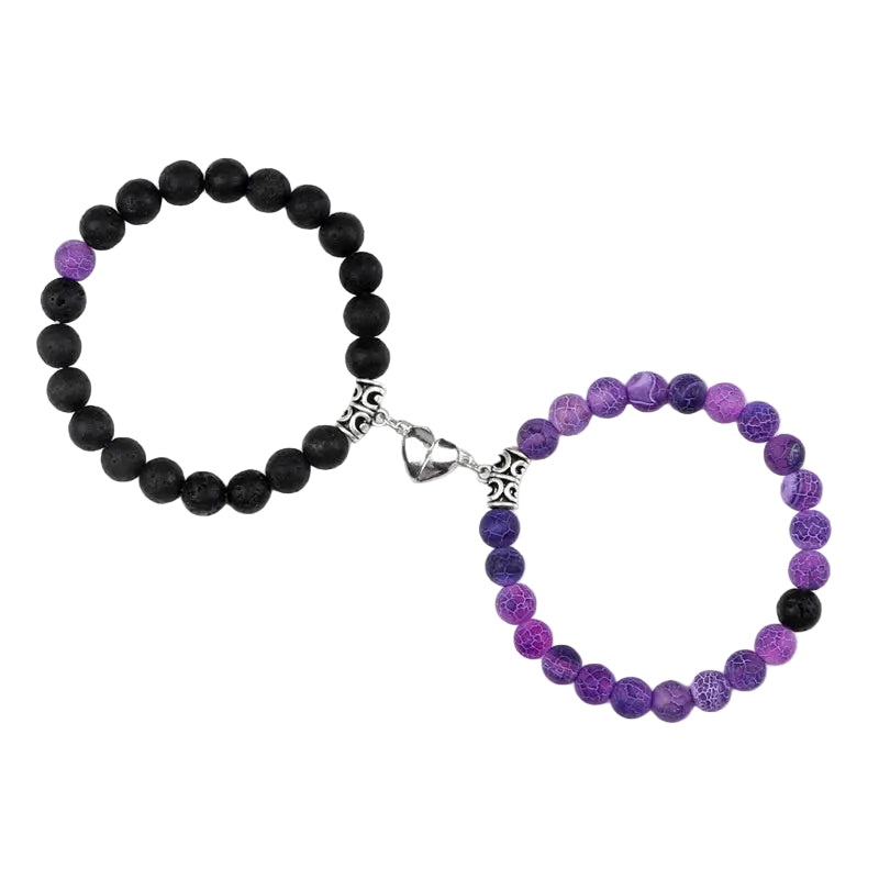 Bracelet couple Cœur Aimant Perles Noires et Violettes | Mariam & Isaac