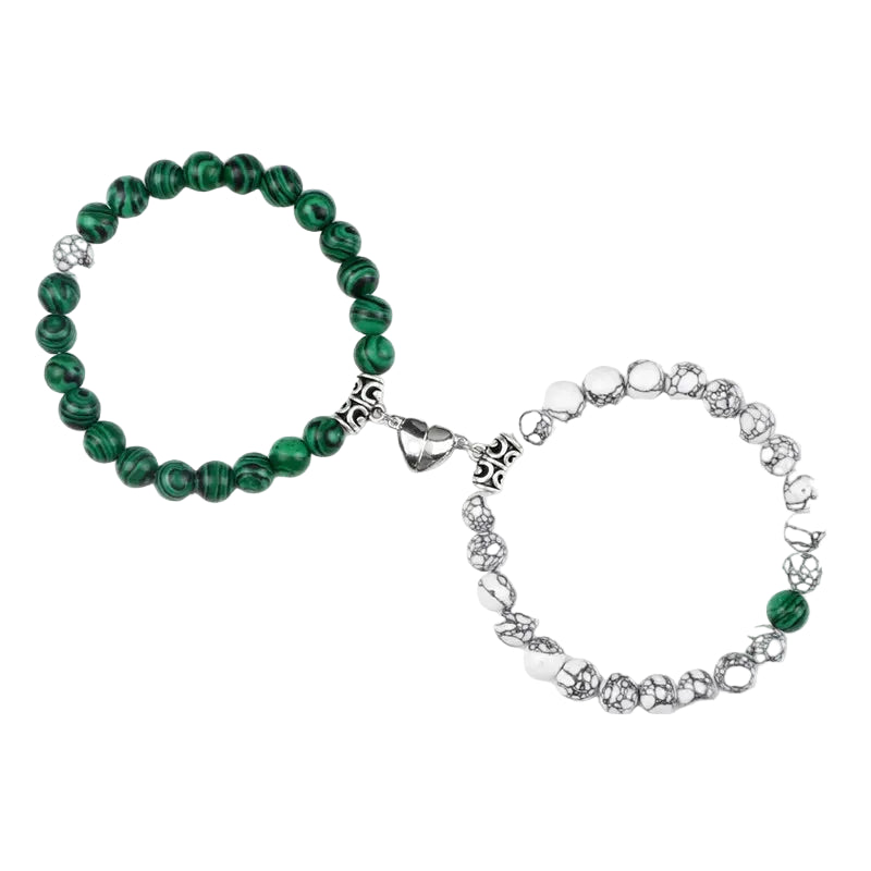 Bracelet couple Cœur Aimant Perles Vertes et Blanches | Valérie & Nathan