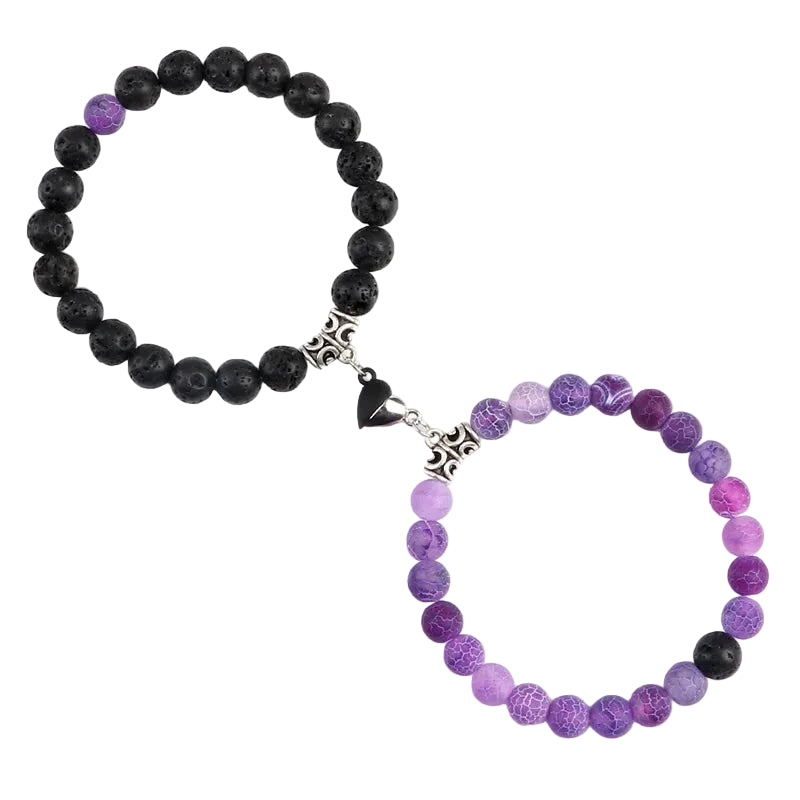 Bracelet couple Cœur Aimant Perles Violettes et Noires | Ophélie & Jules